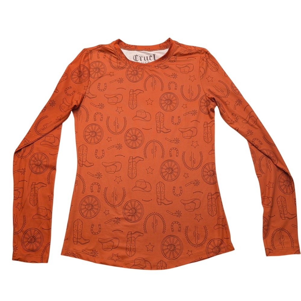 NWT Cruel Denim Western Print Top Women Small Rust Long Sleeve CTK7491003